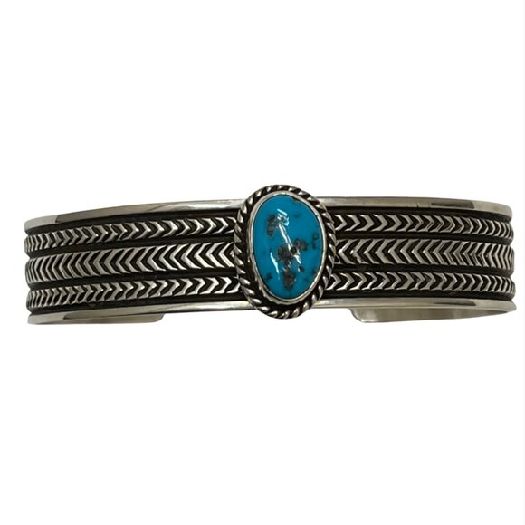 Native American Jewelry - 925 Sterling Silver Turquoise Artist Signed Harold J. Cuff Bracelet